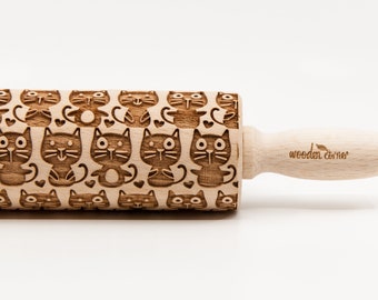 No. R093 CATS 4 - pattern, Rolling Pin, Engraved Rolling, Rolling Pin, Embossed rolling pin, Wooden Rolling pin