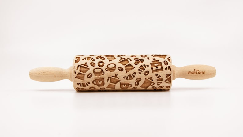 No. R090 COFFEE TIME MIX Rolling Pin, Engraved Rolling Pin, Rolling Pin, Embossed Cookies, Wooden Rolling pin image 4