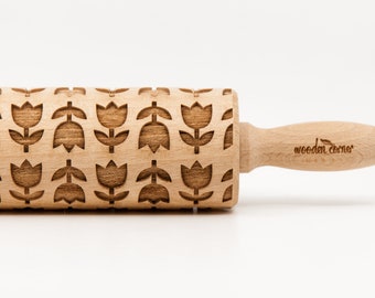 No. R026 TULIPS  Embossing rolling pin, Engraved Rolling Pin, Embossed Rolling Pin, Wooden Rolling pin