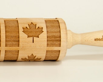 Drapeau du Canada gaufrage rouleau à pâtisserie, rouleau à pâtisserie gravé, rouleau à pâtisserie en relief, rouleau à pâtisserie en bois