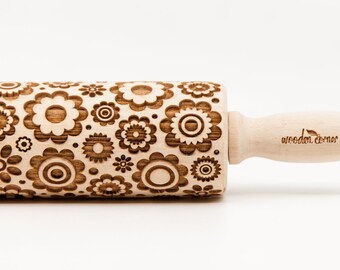 No. R017, WONDERFUL YEARS of the 70th, Flower revolution, Rolling Pin, Engraved Rolling, Rolling Pin, Embossed rolling pin, Wooden Rolling