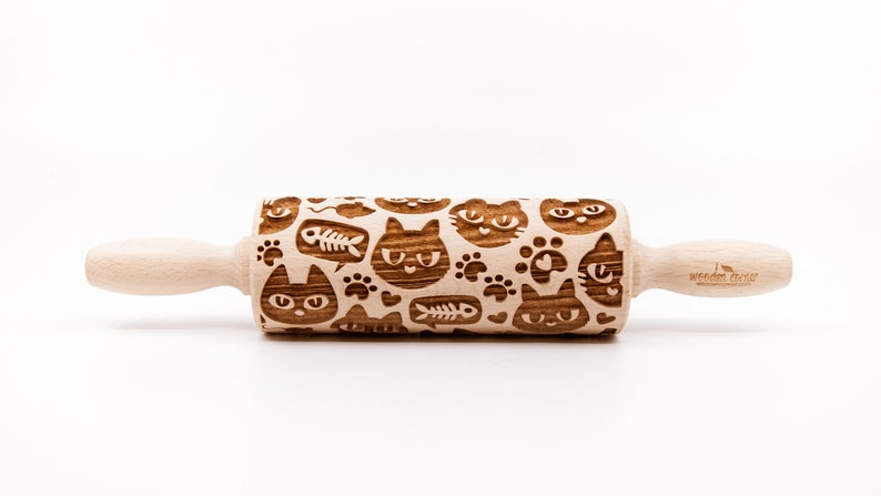 No. R196 CATS 8 pattern, Rolling Pin, Engraved Rolling, Rolling Pin, Embossed rolling pin, Wooden Rolling pin image 2