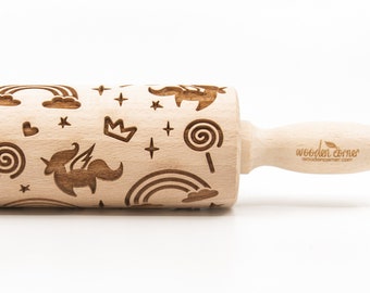 No. R354 UNICORNS & RAINBOW - Rolling Pin, Embossed rolling pin, Wooden roller engraved, Embossing Cookies, Wooden Toys,Stamp