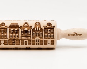 No. R010 GDANSK AMSTERDAM HOUSES pattern, Rolling Pin, Engraved Rolling, Rolling Pin, Embossed rolling pin, Wooden Rolling pin