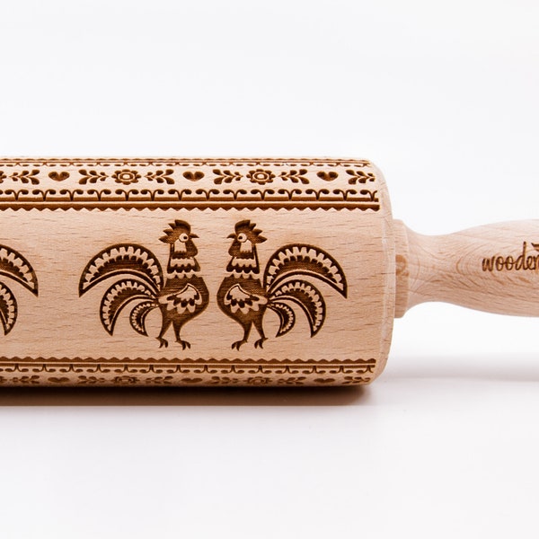 No. R001 POLISH FOLK pattern -Lowicz roosters , Embossing Rolling pin, Engraved rolling pin