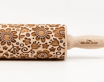 No. R019 MEADOW FLOWERS, Embossing rolling pin, Engraved Rolling Pin, Embossed Rolling Pin, Wooden Rolling pin