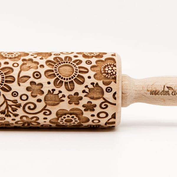 No. R019 MEADOW FLOWERS, Embossing rolling pin, Engraved Rolling Pin, Embossed Rolling Pin, Wooden Rolling pin