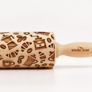 No. R090 COFFEE TIME MIX Rolling Pin, Engraved Rolling Pin, Rolling Pin, Embossed Cookies, Wooden Rolling pin image 1