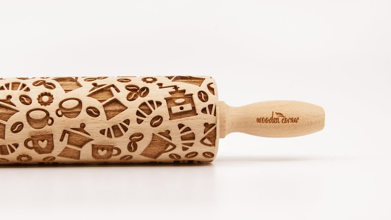 No. R090 COFFEE TIME MIX Rolling Pin, Engraved Rolling Pin, Rolling Pin, Embossed Cookies, Wooden Rolling pin image 1
