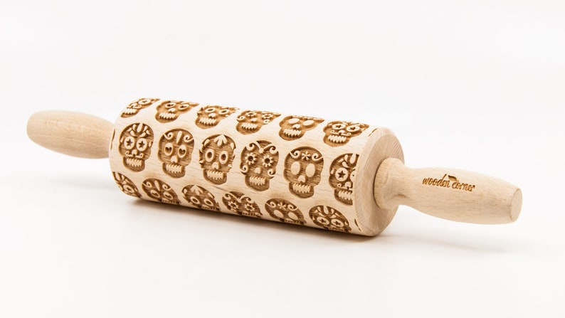 No. R181 SUGAR SKULL 2 Rolling Pin, Embossed rolling pin, Wooden roller engraved, Embossing Cookies, Wooden Toys,Stamp, Baking Gift image 2