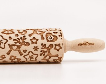 No. R230 REINDEERS CHRISTMAS MIX pattern, Rolling Pin, Engraved Rolling, Rolling Pin, Embossed rolling pin, Wooden Rolling pin