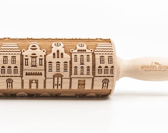 No. R369 GDANSK AMSTERDAM HOUSES pattern, Rolling Pin, Engraved Rolling, Rolling Pin, Embossed rolling pin, Wooden Rolling pin