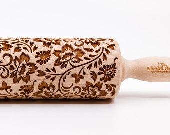 No. R217 BIG FLOWERS 2 - Big size Rolling Pin, Engraved Rolling Pin, Rolling Pin, Embossed Cookies, Wooden Rolling pin