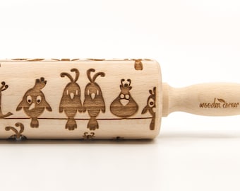 No. R185 SITTING BIRDS - Embossing Rolling pin, engraved rolling pin (no. 185)