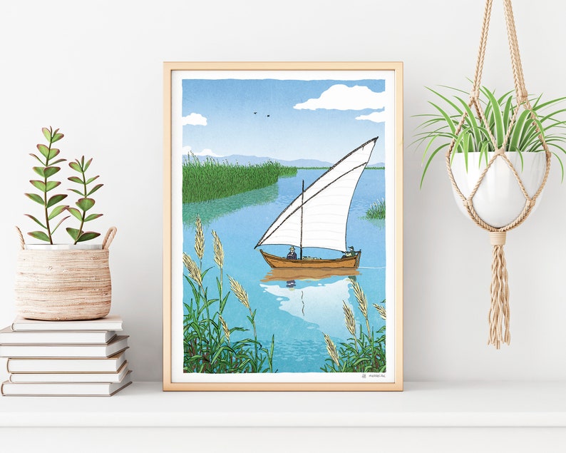 Nature painting Spain Travel Posters Valencia illustration Wall Art Souvenir gift Albufera de Val\u00e8ncia Print Albufera drawing