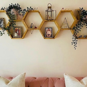 Warm brown hexagon shelves, Oak style hexagon shelf, rustic shelf, cottage style, interior decor