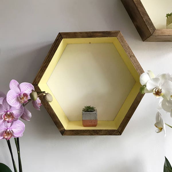 Large hexagon shelf, hexagonal cubbies, hexagon cubbie, wall shelf, yellow shelf, honeycomb shelf, brown shelf, floating shelf