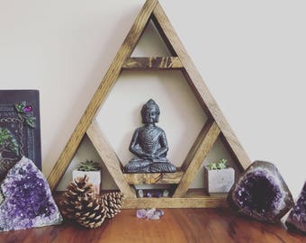 Triangle Altar Shelf, Chakra Crystal Display, Wooden Pyramid