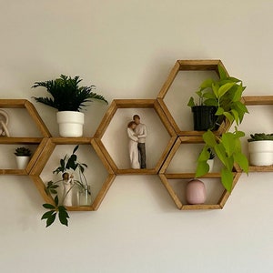 Set of 6 hexagon shelves with FREE inserts - Solid Georgian oak oil shelves - Rustic shelves - Feature shelves