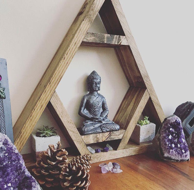 Altar shelf, THE ORIGINAL DESIGNER, chakra, Triangle shelf, display shelf, crystal shelf, gems, crystals, wood pyramid, amythist, geode, gem 