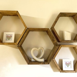 Hexagon shelf set, 4 hexagons, rustic shelves, honeycomb shelves