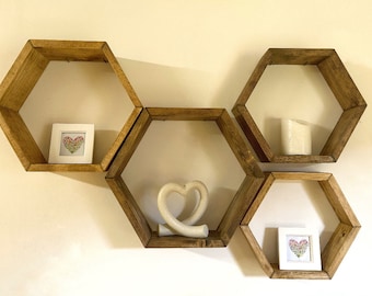 Hexagon shelf set, 4 hexagons, rustic shelves, honeycomb shelves