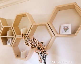 Light brown Hexagon shelf, hexagon shelves, honeycomb shelf, honeycomb shelves, floating hexagon shelf, floating honeycomb shelves