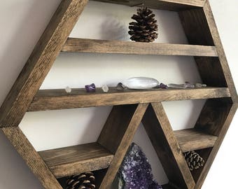 Crystal display shelf, hexagon shelf, wall shelf for crystals, healing crystals, wood altar shelf, crystals, stone display, plant shelf,