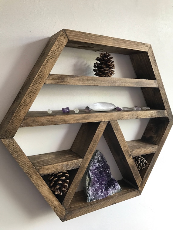 Hexagon Crystal Display Shelf, Scots Pine Wood Altar