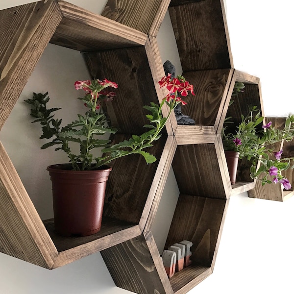Solid Wood Hexagon Shelf, Honeycomb Floating Shelves