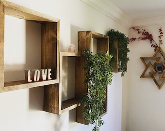 Wooden Square Shelf - Cube shelf - Wood box floating shelf