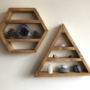 Crystal display shelf set, crystal altar, triangle dislay, triangle altar, pyramid shelf, moon shelf, triangle shelf, altar shelf, crystals