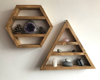 Triangle & Hexagon Crystal Display Shelf Set, Wooden Altar