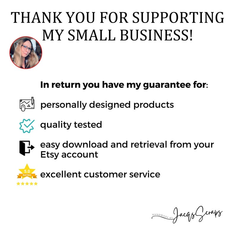 May include: A graphic with the text "Thank you for supporting my small business!" and a list of guarantees for customers: personally designed products, quality tested, easy download and retrieval from your Etsy account, and excellent customer service. The graphic also includes a 5-star rating.