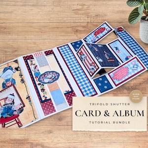 May include: A handmade trifold shutter card and album tutorial bundle. The card features a patchwork design with red, white, and blue patterns, and illustrations of dolls. The bundle includes card cut files.