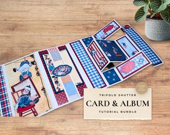 May include: A handmade trifold shutter card and album tutorial bundle. The card features a patchwork design with red, white, and blue patterns, and illustrations of dolls. The bundle includes card cut files.