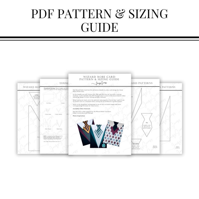 May include: A printable PDF pattern and sizing guide for a wizard robe card craft project. The guide includes instructions, assembly video links, and photo inspiration. The pattern is for a card design with a robe, tie, and a patterned background.