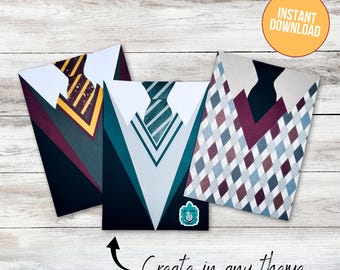 Puede incluir: Tres tarjetas imprimibles con diferentes diseños de corbatas. Las tarjetas son blancas con un contorno negro y presentan una corbata con un patrón diferente en cada tarjeta. El texto "Create in any theme" está en la parte inferior de la imagen.