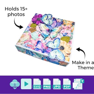 May include: A square box with a white border and a colorful floral design featuring butterflies. The box is decorated with a watercolor-style pattern of flowers and butterflies in shades of pink, purple, blue, and green. The text "Holds 15+ photos" is written above the box. The text "Make in any Theme" is written below the box.