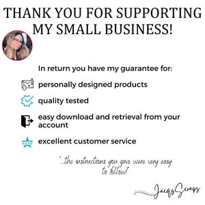 Puede incluir: &iexcl;Gracias por apoyar mi peque&ntilde;o negocio! A cambio, tienes mi garant&iacute;a de: productos dise&ntilde;ados personalmente, calidad probada, descarga y recuperaci&oacute;n f&aacute;ciles desde tu cuenta, y un excelente servicio al cliente. ...las instrucciones que diste fueron muy f&aacute;ciles de seguir!