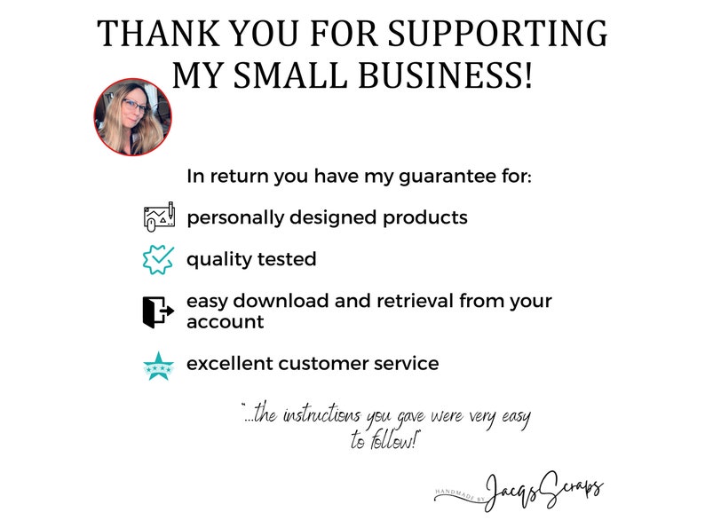 Puede incluir: &iexcl;Gracias por apoyar mi peque&ntilde;o negocio! A cambio, tienes mi garant&iacute;a de: productos dise&ntilde;ados personalmente, calidad probada, descarga y recuperaci&oacute;n f&aacute;ciles desde tu cuenta, y un excelente servicio al cliente. ...las instrucciones que diste fueron muy f&aacute;ciles de seguir!
