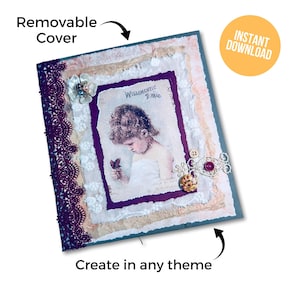 May include: A purple and white scrapbook cover featuring a vintage image of a girl holding a butterfly. The cover is decorated with lace, buttons, and a charm. The text "Williammette Journal" is visible on the cover.