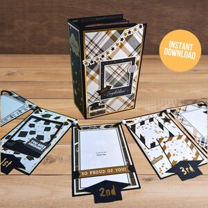 May include: A graduation scrapbook with a black and gold plaid cover and a banner with three photo frames. The banner has the words "You are Awesome!" and "So Proud of You!" The scrapbook is decorated with gold stars and a graduation cap.