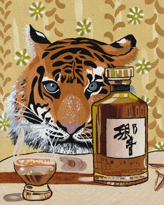 Tiger Whiskey / Japanese Hibiki whiskey / Cocktail Art / Bar Decor / Wall Art /  Acrylic on Canvas *Print* or *Original*