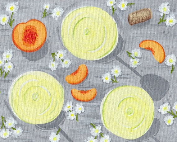 White Wine & Peaches / Wine Picnic / Cocktail Art / Bar Decor / Wall Art /  Acrylic on Canvas Prints