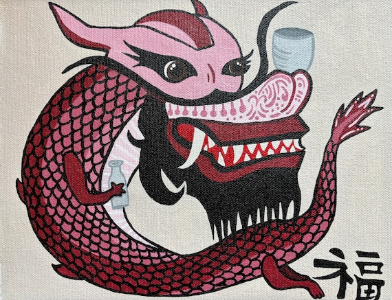 Sake Dragon / Good Fortune / Cocktail Art / Bar Decor / Wall Art /  Acrylic on Canvas *Print* or *Original*