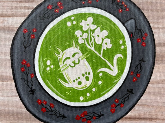 Matcha Kitty / Matcha Latte / Coffee Shop Art / Wall Art /  Acrylic on Canvas *Print* or *Original*