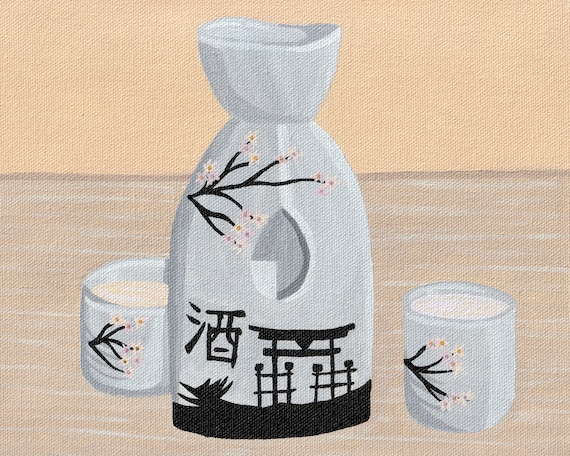 Cherry Blossom Sake / Japanese Wine / Cocktail Art / Bar Decor / Wall Art /  Acrylic on Canvas Prints