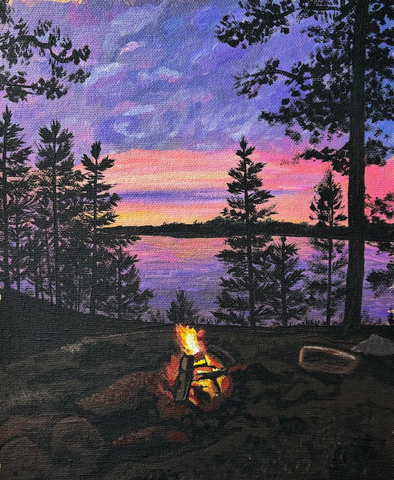 Lakeside Sunset / Adirondack Campfire / Camping Art / Home Decor / Wall Art / Acrylic on Canvas Prints