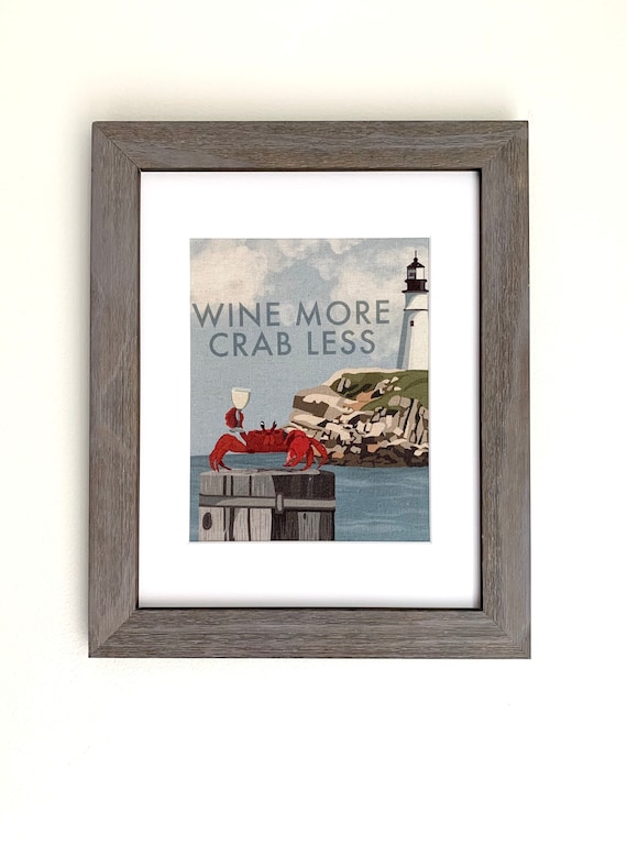 Wine More Crab Less / Nautical Wall Art / Drinking Humor Vintage Matted Canvas Print
